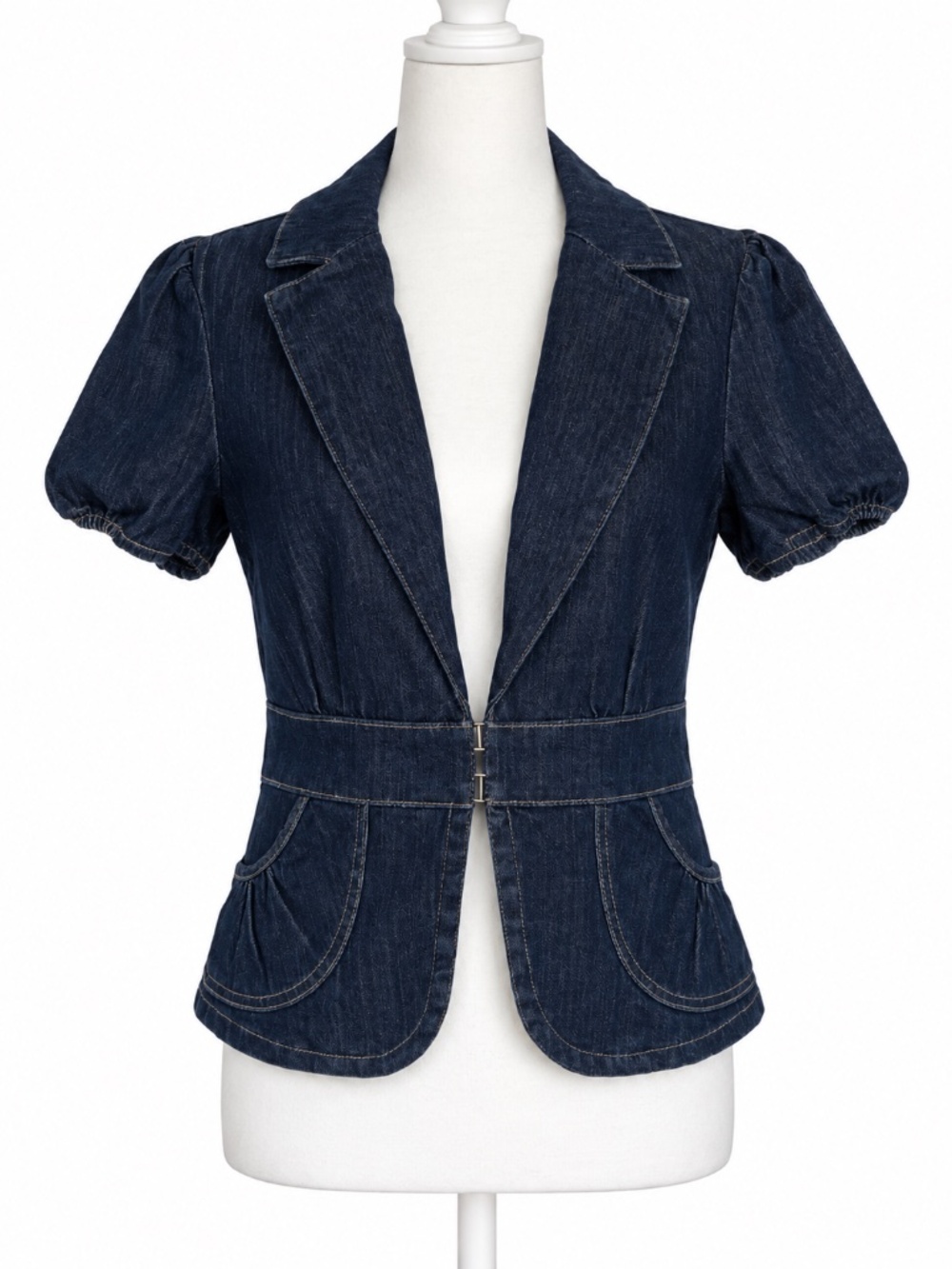 Guess Women’s M Dark Wash Denim Blazer Puff Sleeve Stretch Cotton Jacket